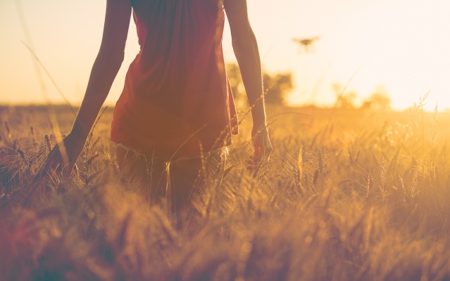 Fotografía de Moda, mujer en campo de trigo al atardecer.